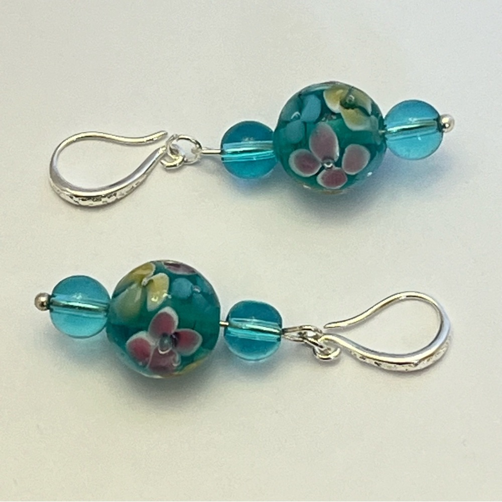 Blue Flower Glass Bead Handmade Dangle Earrings